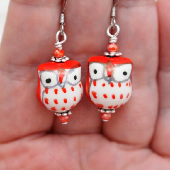 Red Hand Painted Porcelain Owl Beaded Earrings - Handmade & Hypoallergenic - Picture 8 of 8